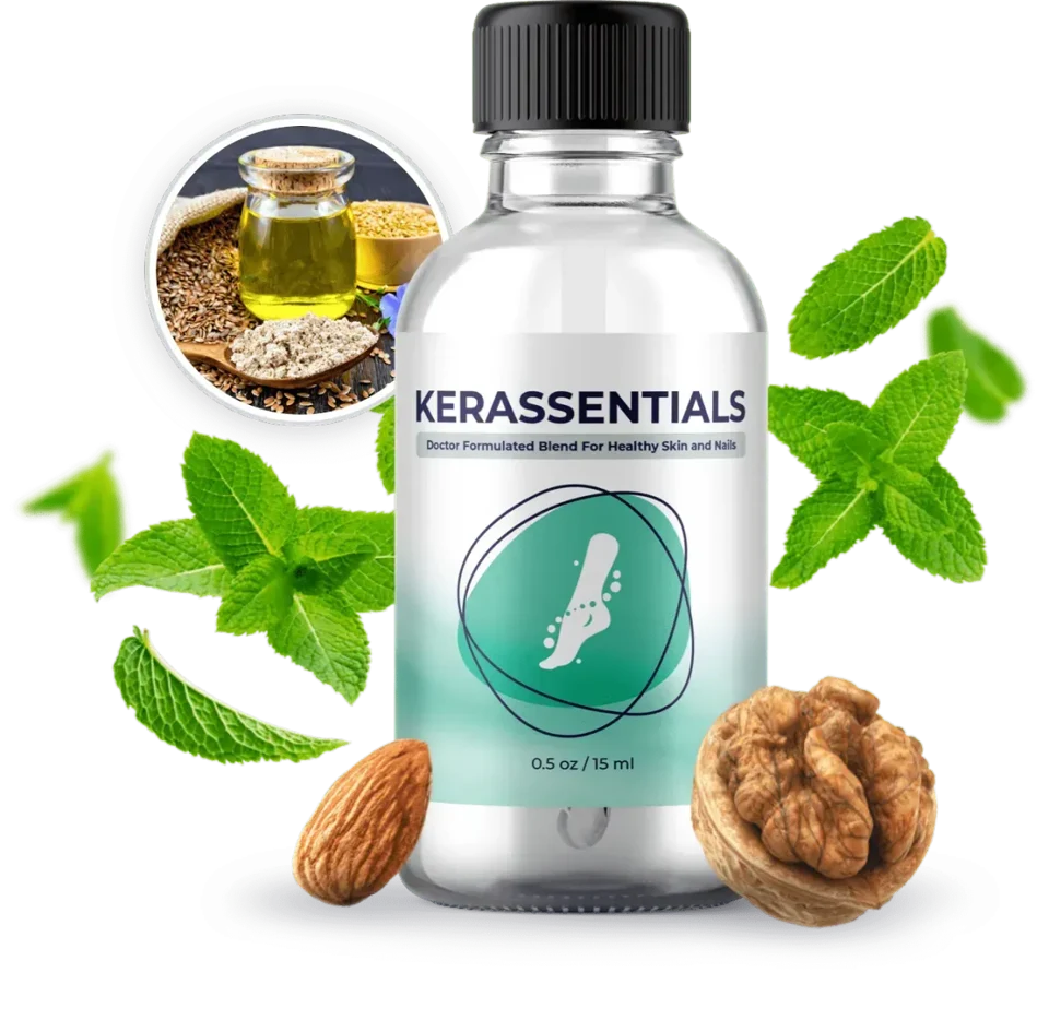 Kerassentials bottle with decorative botanical imagery