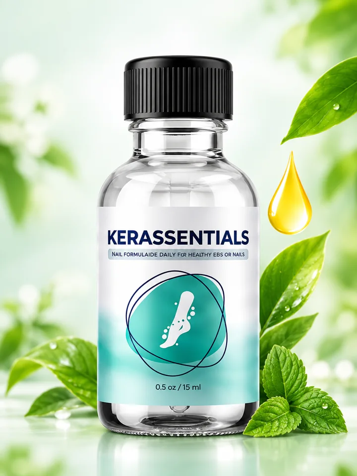 Adapted Kerassentials bottle and oil-droplet artwork illustrating the topical product format
