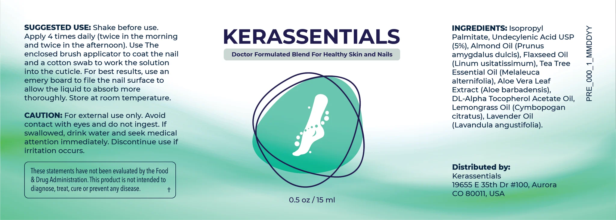 Supplied Kerassentials label showing ingredients, 15 mL bottle size, directions and cautions