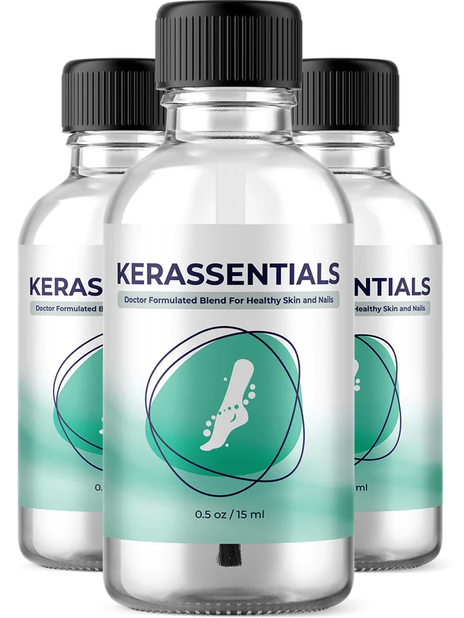 Three Kerassentials oil bottles; package illustration