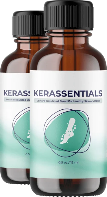 Two Kerassentials oil bottles; package illustration